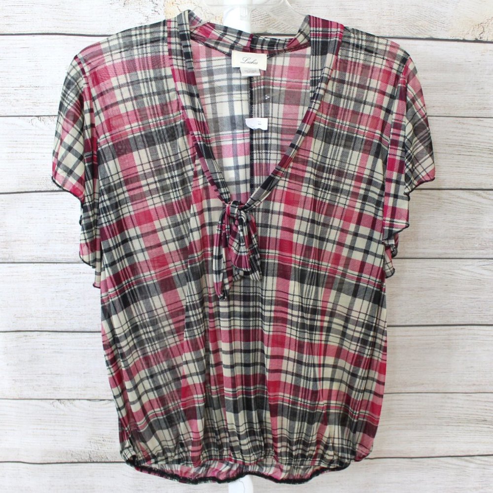 LASHES NWT Semi-Sheer Red Plaid, Cap Sleeve, Cinch Waist Top